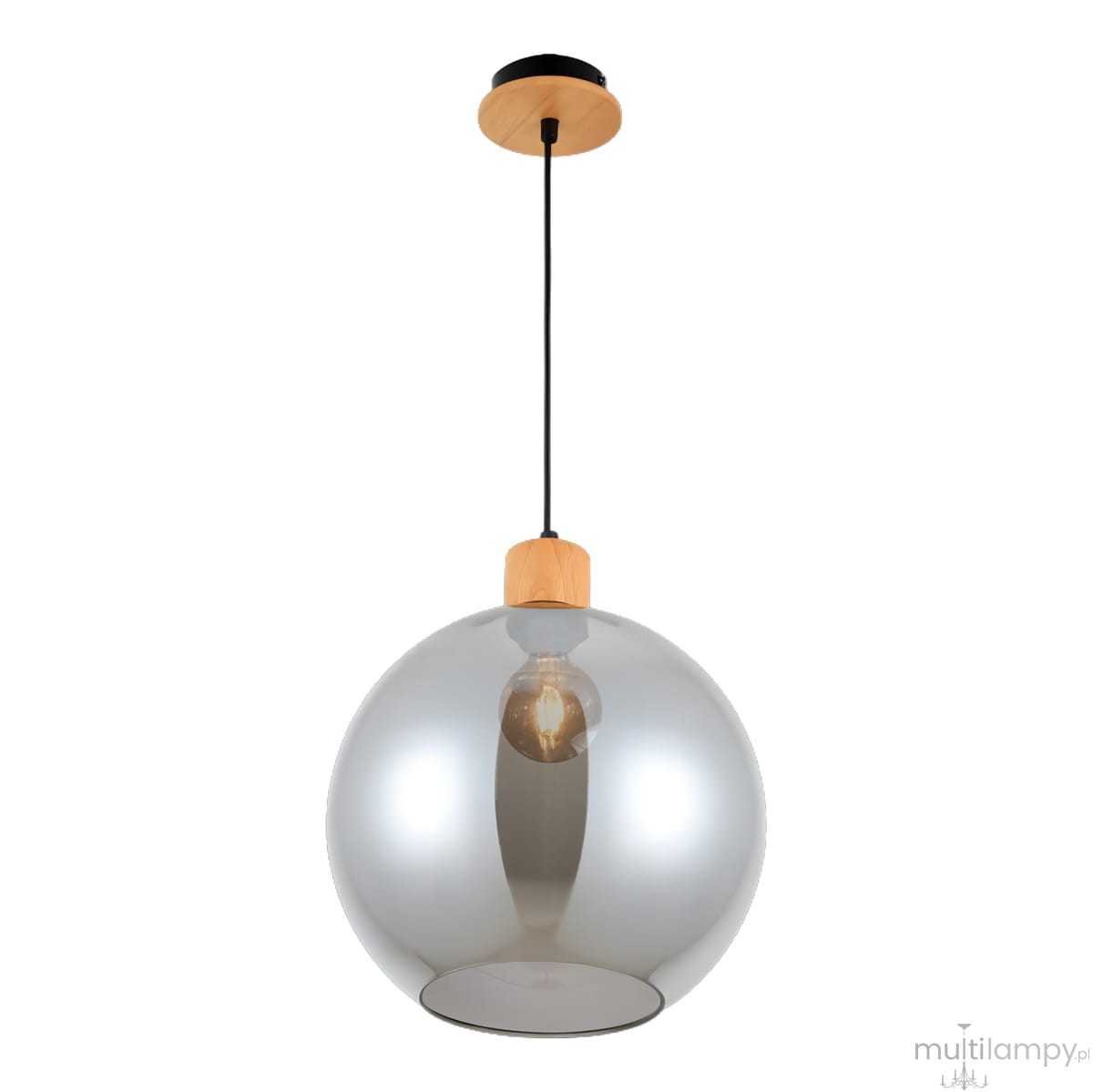Lampa wisząca Potan 1xE27 z drewnianym uchwytem w kolorze bursztynowym i szklaną kulą o połyskującym, metalicznym wykończeniu. Zawieszona na czarnym przewodzie, idealna do nowoczesnych wnętrz.
