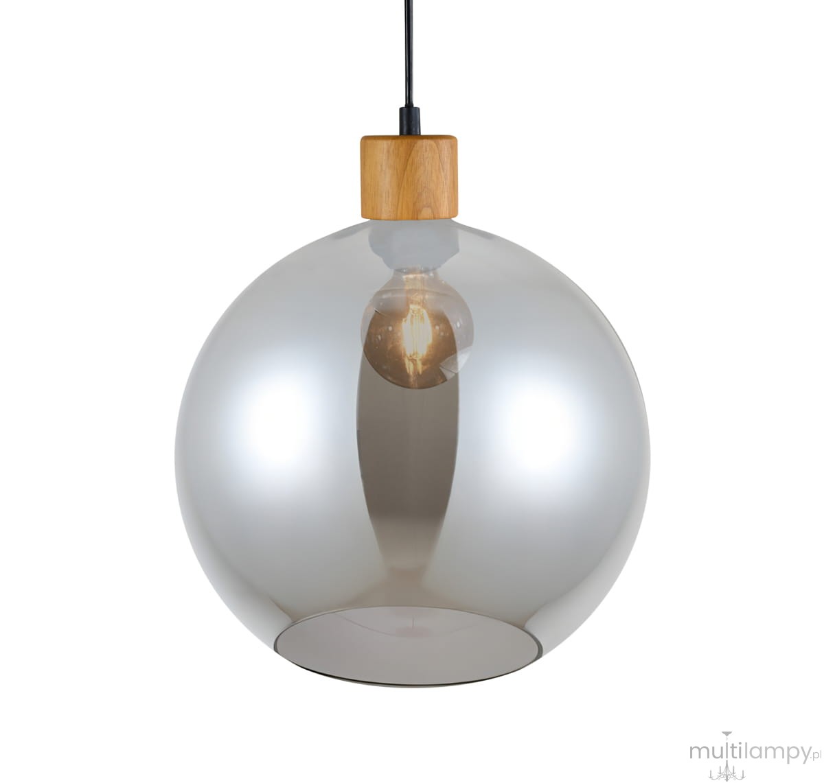 Lampa wisząca Potan z żarówką E27, wykonana z bursztynowego szkła i drewna. Posiada okrągły, błyszczący klosz oraz drewniany element u góry. Zawieszona na czarnym przewodzie, idealna do nowoczesnych wnętrz.