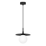 Czarna lampa wisząca Sante D18 z białym kloszem w kształcie kuli, zawieszona na cienkim przewodzie. Posiada okrągłą, czarną podstawę oraz płaską, czarną osłonę. Idealna do nowoczesnych wnętrz.