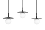 Lampa wisząca Sante 3xG9 w kolorze czarnym i białym, składająca się z trzech okrągłych, białych kloszy zawieszonych na cienkich, czarnych linkach. Klosze mają okrągłe podstawy, tworząc nowoczesny design. Zdjęcie na białym tle.