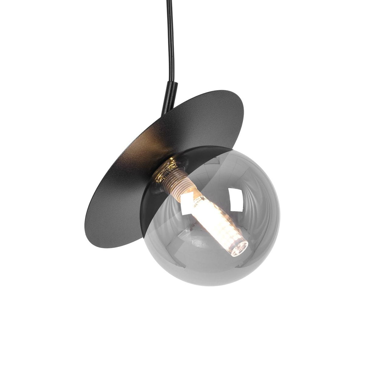 Lampa wisząca Fermi D18 w kolorze czarnym i grafitowym, z okrągłym kloszem z przezroczystego szkła, z widoczną żarówką G9. Ujęcie z góry, pokazujące detal mocowania i kształt klosza.
