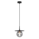 Lampa wisząca Fermi D18 z oprawą w kolorze czarnym i grafitowym, z pojedynczym gniazdem G9. Szklana kula z przezroczystym wykończeniem zawieszona na cienkim kablu, z metalowym daszkiem na górze.
