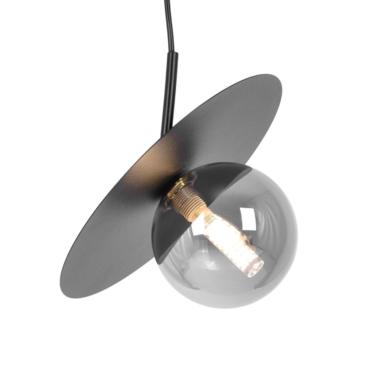 Lampa wisząca Fermi D25 w kolorze czarnym i grafitowym, z okrągłą szklaną kulą i żarówką G9, zawieszona na cienkim przewodzie. Widok z boku, ukazujący efektowny kształt oraz detal włączenia żarówki.