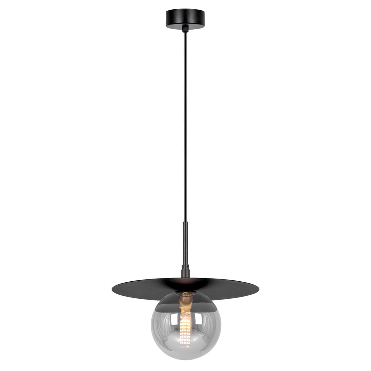 Lampa wisząca Fermi D25 w kolorze czarnym i grafitowym, z jedną oprawą G9. Produkt zawiera okrągły klosz z przezroczystego szkła oraz okrągłą, matową podstawę. Zawieszona na cienkim, czarnym kablu.