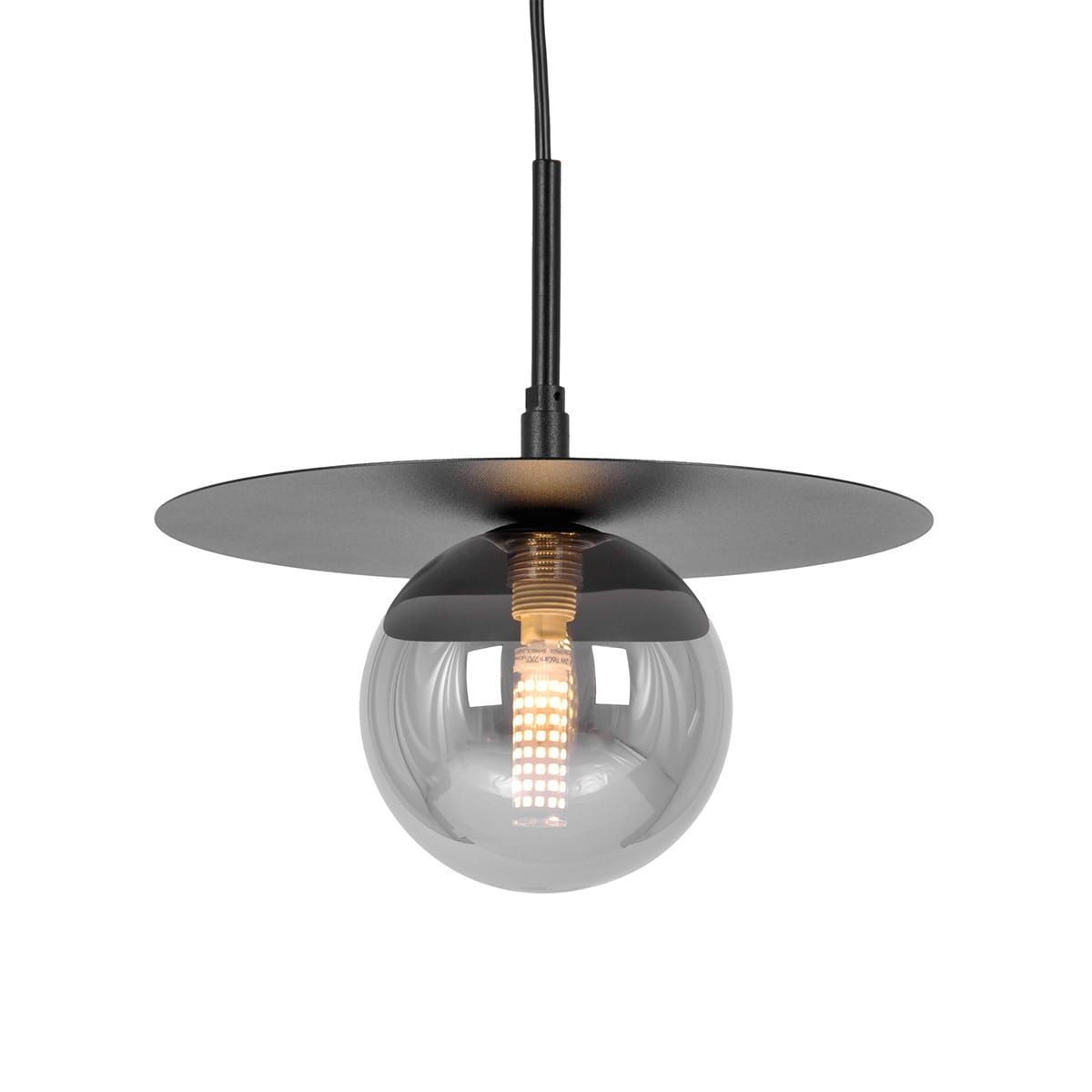 Lampa wisząca Fermi D25 w kolorze czarnym i grafitowym, z pojedynczym źródłem światła G9. Okrągła, szklana kula z ciemnym, przezroczystym wykończeniem, zawieszona na cienkim przewodzie pod okrągłą podstawą.