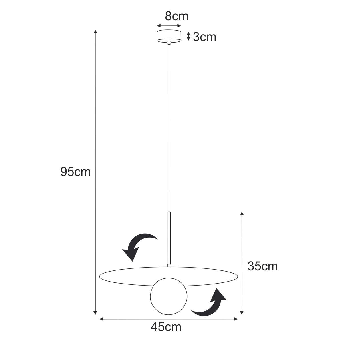 Lampa wisząca Fermi D45 w kolorze czarnym i grafitowym. Okrągła podstawa z zawieszeniem o długości 95 cm, średnica 45 cm, wysokość klosza 35 cm. Prosta forma z kulistym elementem, idealna do nowoczesnych wnętrz.