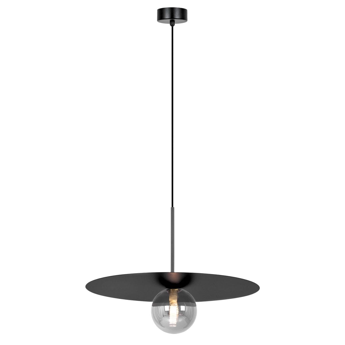 Lampa wisząca Fermi D45 w kolorze czarnym i grafitowym, z okrągłym abażurem i przezroczystą żarówką G9. Produkt zawieszony na cienkim przewodzie, w pozycji pionowej, na jednolitym tle.