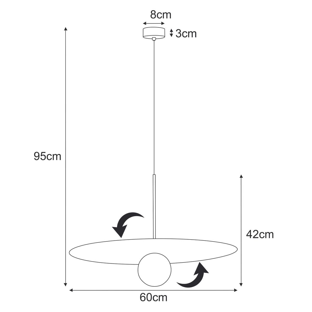 Lampa wisząca Fermi D60 w kolorze czarnym i grafitowym, z pojedynczym źródłem światła G9. Wymiary: średnica 60 cm, wysokość 42 cm, długość zwisu 95 cm. Okrągła podstawa o średnicy 8 cm, z możliwością regulacji.