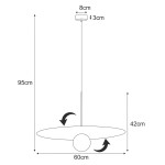 Lampa wisząca Fermi D60 w kolorze czarnym i grafitowym, z pojedynczym źródłem światła G9. Wymiary: średnica 60 cm, wysokość 42 cm, długość zwisu 95 cm. Okrągła podstawa o średnicy 8 cm, z możliwością regulacji.