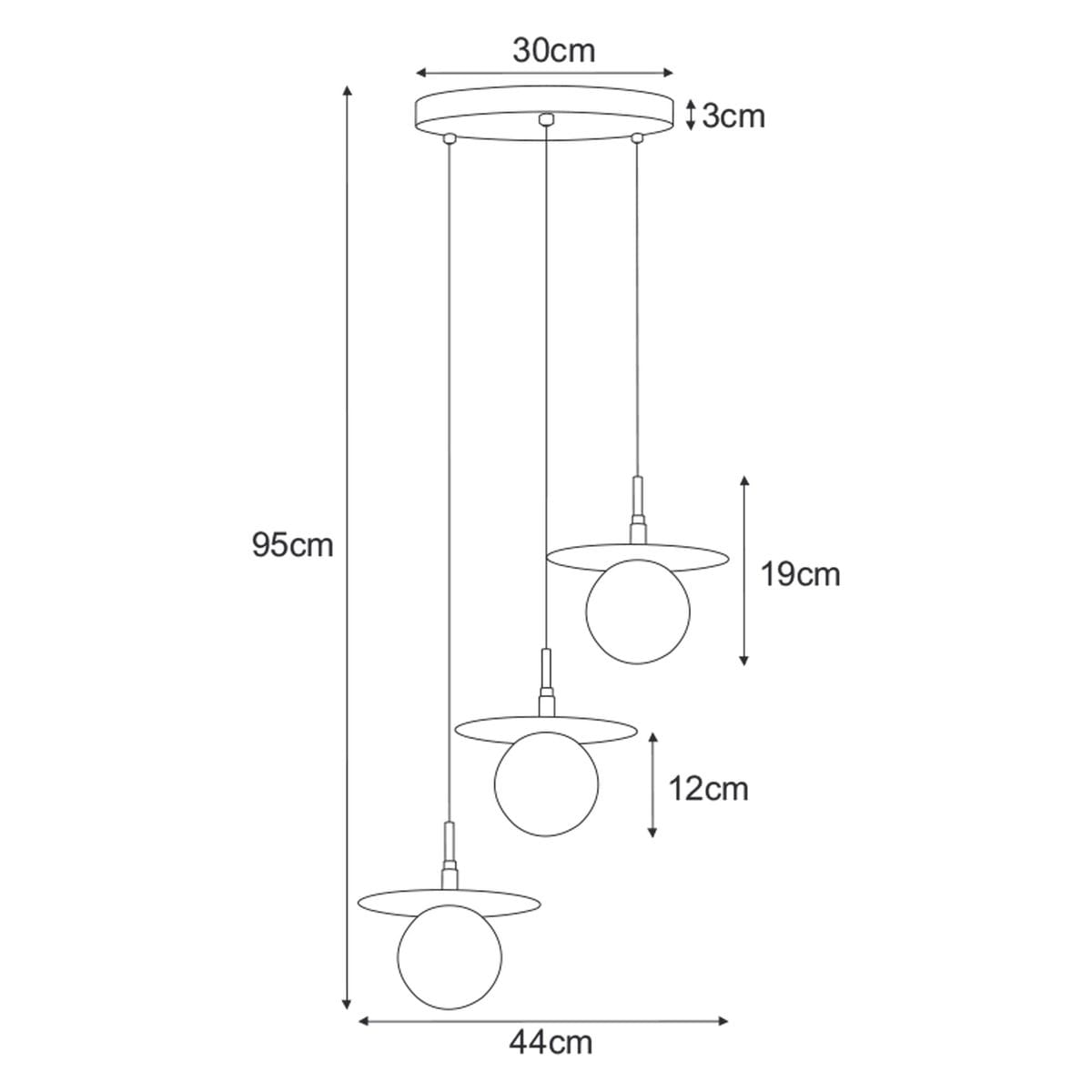 Lampa wisząca Fermi 3xG9 w kolorze czarnym/grafitowym, z okrągłym kloszem o średnicy 12 cm, zawieszona na trzech cienkich linkach. Całkowita długość 95 cm, średnica podstawy 30 cm, odległość między kloszami 44 cm.