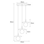 Lampa wisząca Fermi 3xG9 w kolorze czarnym/grafitowym, z okrągłym kloszem o średnicy 12 cm, zawieszona na trzech cienkich linkach. Całkowita długość 95 cm, średnica podstawy 30 cm, odległość między kloszami 44 cm.