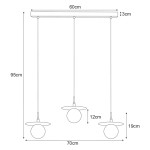 Lampa wisząca Fermi 3xG9 w kolorze czarnym i grafitowym, z trzema okrągłymi kloszami. Wymiary: szerokość 60 cm, długość 70 cm, wysokość 95 cm. Klosze mają średnicę 12 cm i wysokość 19 cm, zawieszone na cienkich linkach.