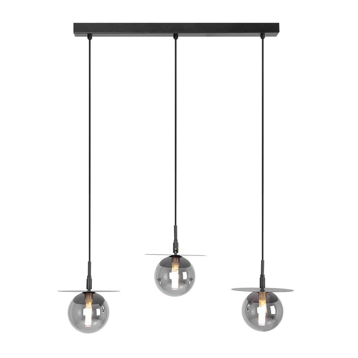 Lampa wisząca Fermi 3xG9 w kolorze czarnym i grafitowym, składająca się z trzech szklanych kul o ciemnym wykończeniu, zawieszonych na cienkich kablach. Metalowy stelaż z prostokątną podstawą.