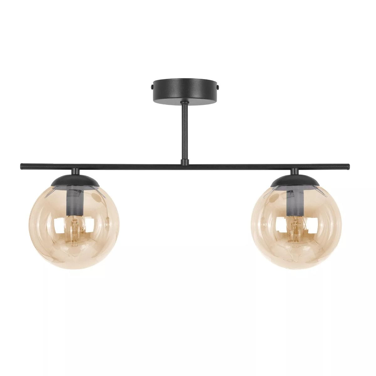 Lampa sufitowa Delta z dwoma kulistymi kloszami w kolorze bursztynowym, zawieszona na czarnym metalowym stelażu. Klosze mają średnicę 20 cm, a lampa jest montowana na suficie. Całość ma nowoczesny design, idealna do wnętrz.