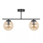 Lampa sufitowa Delta z dwoma kulistymi kloszami w kolorze bursztynowym, zawieszona na czarnym metalowym stelażu. Klosze mają średnicę 20 cm, a lampa jest montowana na suficie. Całość ma nowoczesny design, idealna do wnętrz.