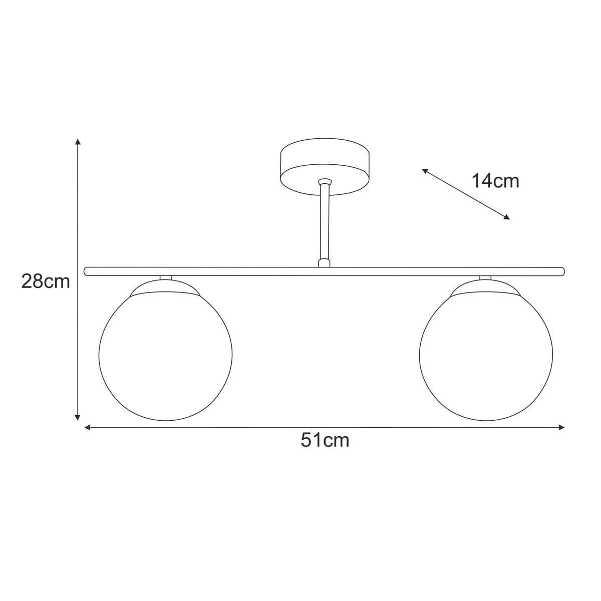 Lampa sufitowa Delta 2xE14 w kolorze czarnym i bursztynowym. Konstrukcja z metalowym stelażem, dwa okrągłe klosze o średnicy 14 cm, zawieszone na prostokątnej podstawie o długości 51 cm. Wysokość 28 cm.
