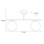 Lampa sufitowa Delta 2xE14 w kolorze czarnym i bursztynowym. Konstrukcja z metalowym stelażem, dwa okrągłe klosze o średnicy 14 cm, zawieszone na prostokątnej podstawie o długości 51 cm. Wysokość 28 cm.