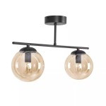 Lampa sufitowa Delta z dwoma oprawami E14, w kolorze czarnym z bursztynowymi kloszami. Ułożona poziomo, z metalowym stelażem, w minimalistycznym stylu. Klosze mają okrągły kształt, transparentną powierzchnię.