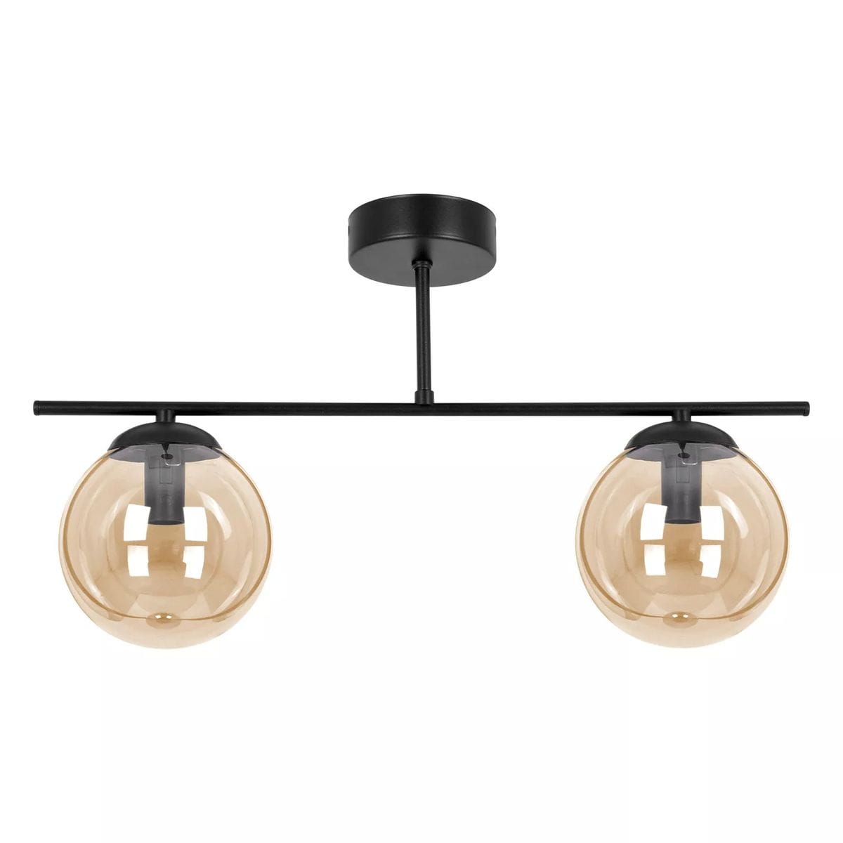 Czarna lampa sufitowa Delta z dwoma bursztynowymi kloszami o okrągłym kształcie, zawieszona na prostym metalowym stelażu. Klosze wykonane z przezroczystego szkła, montaż sufitowy.