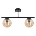 Czarna lampa sufitowa Delta z dwoma bursztynowymi kloszami o okrągłym kształcie, zawieszona na prostym metalowym stelażu. Klosze wykonane z przezroczystego szkła, montaż sufitowy.