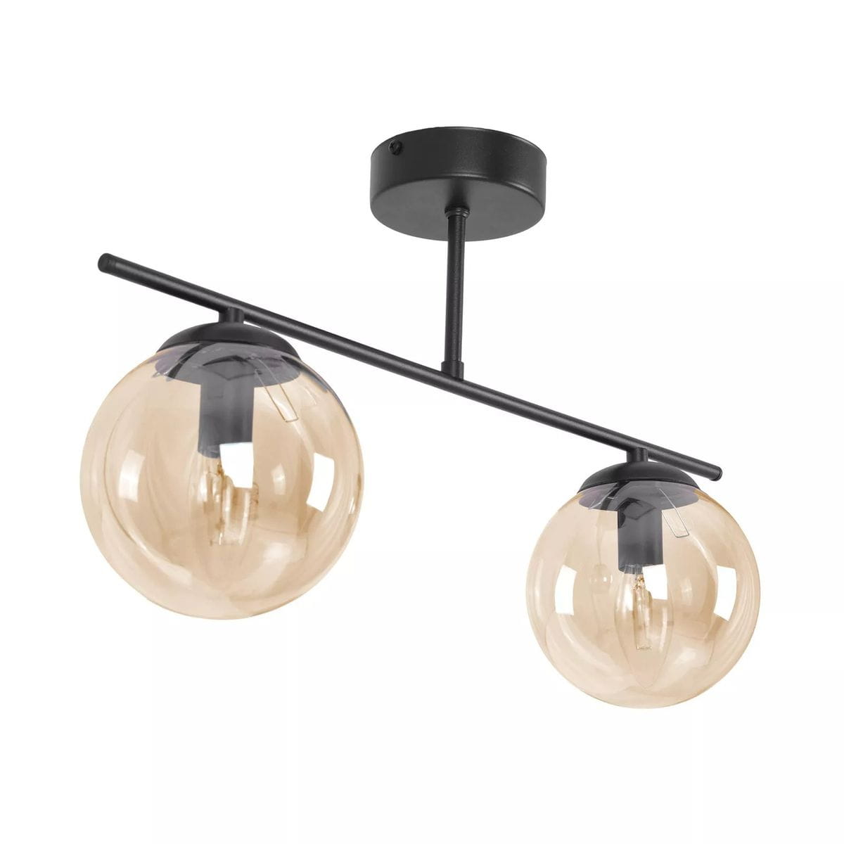 Czarna lampa sufitowa Delta z dwiema bursztynowymi kulami E14, zamontowana na czarnym stelażu. Kule mają zaokrąglony kształt, a lampa jest zawieszona na prostym, poziomym ramieniu. Idealna do nowoczesnych wnętrz.