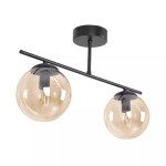 Czarna lampa sufitowa Delta z dwiema bursztynowymi kulami E14, zamontowana na czarnym stelażu. Kule mają zaokrąglony kształt, a lampa jest zawieszona na prostym, poziomym ramieniu. Idealna do nowoczesnych wnętrz.