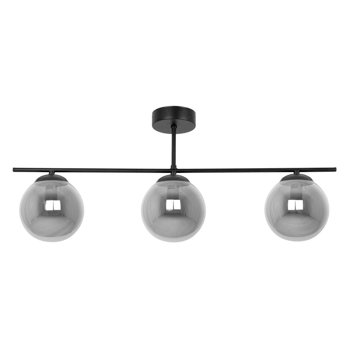 Lampa sufitowa Gamma 3xE14 w kolorze czarnym i grafitowym. Posiada trzy szklane kuliste klosze w ciemnym odcieniu, zawieszone na prostokątnym stelażu. Ujęcie frontalne, montowana do sufitu.