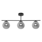 Lampa sufitowa Gamma 3xE14 w kolorze czarnym i grafitowym. Posiada trzy szklane kuliste klosze w ciemnym odcieniu, zawieszone na prostokątnym stelażu. Ujęcie frontalne, montowana do sufitu.