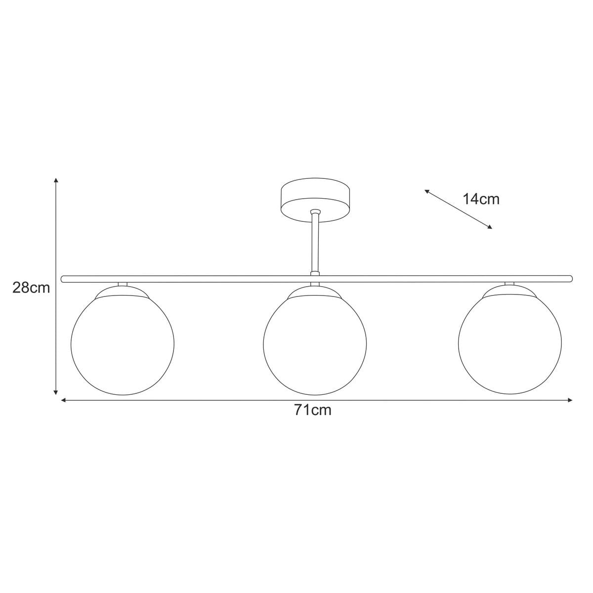 Lampa sufitowa Gamma z trzema oprawami E14, w kolorze czarnym i grafitowym. Wymiary: długość 71 cm, wysokość 28 cm, szerokość 14 cm. Okrągłe klosze umieszczone na prostokątnej podstawie, wisząca konstrukcja.