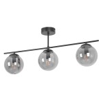 Lampa sufitowa Gamma z trzema kulistymi kloszami w kolorze grafitowym, zawieszona na czarnym stelażu. Klosze są przezroczyste, ujawniają źródła światła E14. Produkt montowany na suficie, prezentowany z boku.
