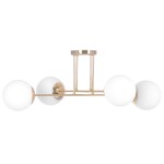Lumia lampa sufitowa 4xE27 w kolorze złotym z białymi, okrągłymi kloszami. Ułożona poziomo, z czterema źródłami światła, metalowa konstrukcja z eleganckimi detalami. Idealna do nowoczesnych wnętrz.