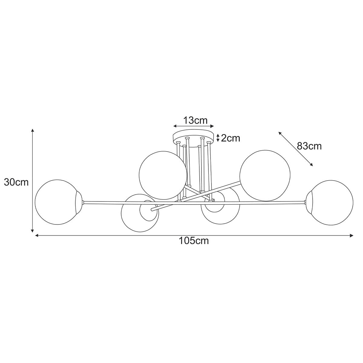 Lampa sufitowa Lumia 6xE27 w kolorze złotym i białym. Posiada sześć okrągłych kloszy, umieszczonych na długich ramionach. Wymiary: wysokość 30 cm, szerokość 105 cm, głębokość 83 cm. Mocowanie sufitowe z metalowymi elementami.
