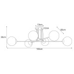 Lampa sufitowa Lumia 6xE27 w kolorze złotym i białym. Posiada sześć okrągłych kloszy, umieszczonych na długich ramionach. Wymiary: wysokość 30 cm, szerokość 105 cm, głębokość 83 cm. Mocowanie sufitowe z metalowymi elementami.