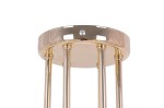 Lampa sufitowa Lumia 6xE27 w kolorze złotym i białym, z okrągłą, błyszczącą podstawą i sześcioma metalowymi rurkami. Ujęcie z dołu, pokazujące detale mocowania i struktury.