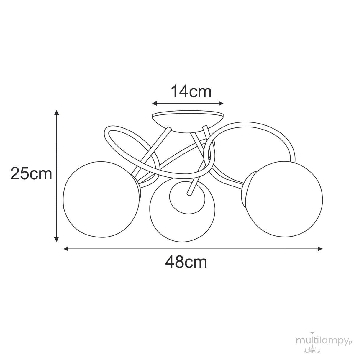 Lampa sufitowa Nela z trzema źródłami światła E14 w kolorze czarnym i białym. Wymiary: 48 cm szerokości, 25 cm wysokości, 14 cm głębokości. Okrągłe klosze zamocowane na zakrzywionych metalowych ramionach.
