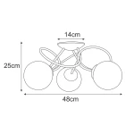 Lampa sufitowa Nela z trzema źródłami światła E14 w kolorze czarnym i białym. Wymiary: 48 cm szerokości, 25 cm wysokości, 14 cm głębokości. Okrągłe klosze zamocowane na zakrzywionych metalowych ramionach.