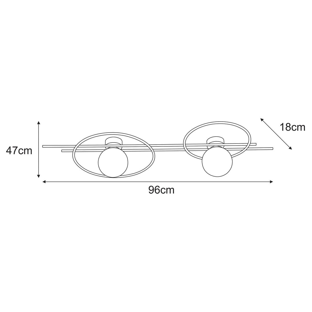 Astra kinkiet 2xE14 w kolorze czarnym i grafitowym, z podwójnymi okrągłymi kloszami. Wymiary: 96 cm długości, 18 cm szerokości, 47 cm wysokości. Stylowy, nowoczesny design idealny do różnych wnętrz.
