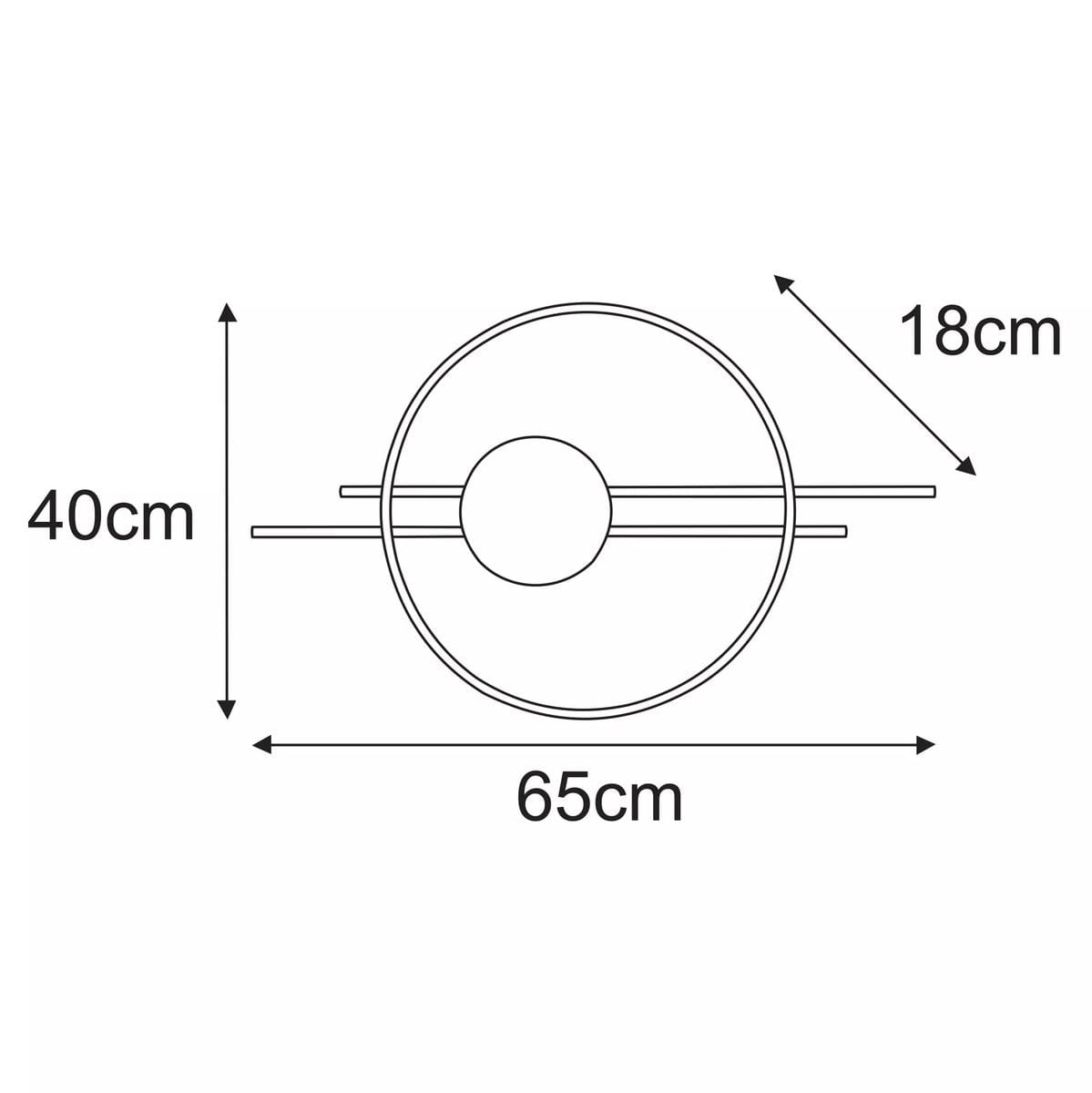 Kinkiet Corsa 1xE14 w kolorze czarnym z bursztynowym akcentem, o średnicy 65 cm, wysokości 40 cm i głębokości 18 cm. Prosta, okrągła konstrukcja z centralnym punktem i dwoma poprzecznymi rurkami.