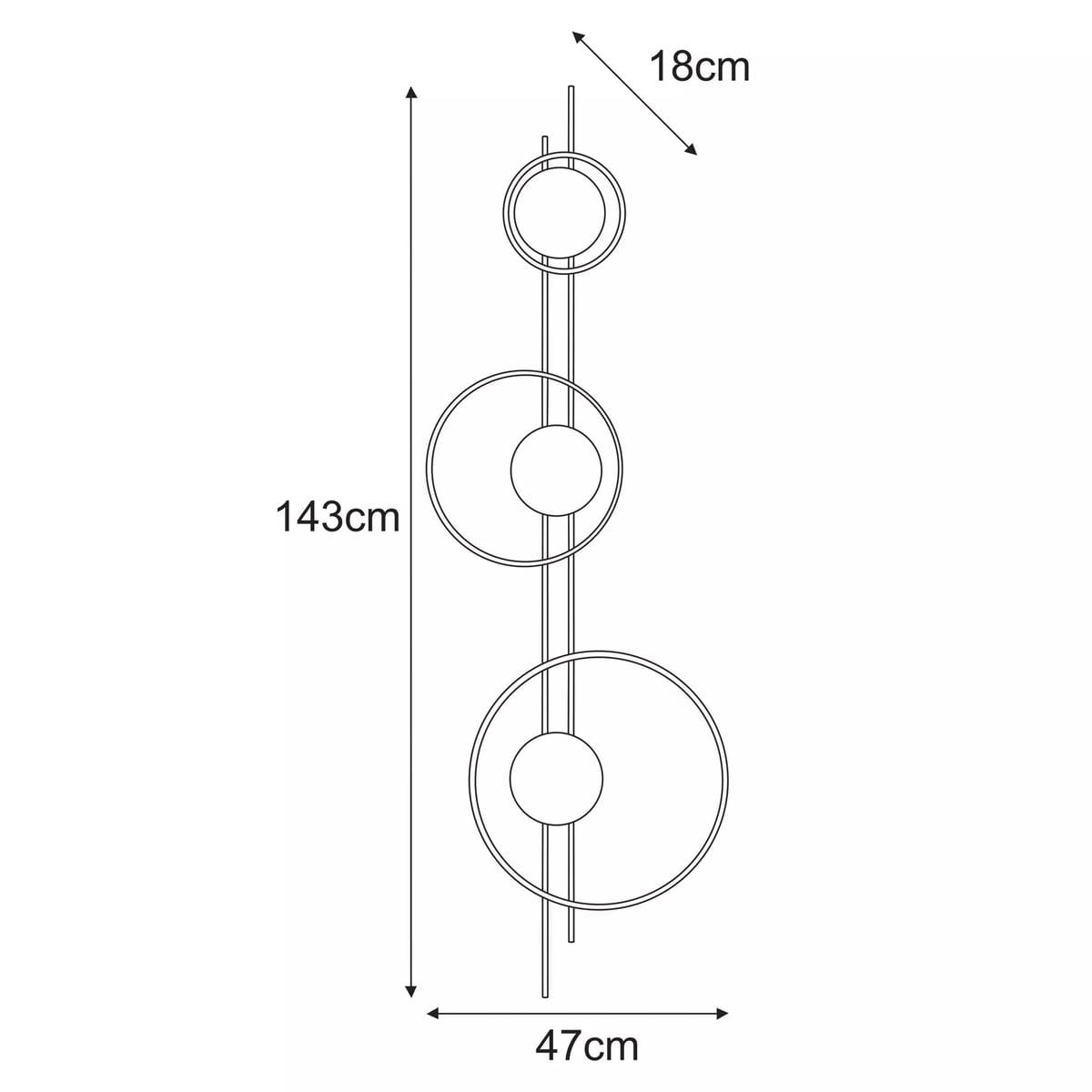 Corsa kinkiet w kolorze czarnym i bursztynowym, składający się z trzech okrągłych kloszy. Wymiary: wysokość 143 cm, szerokość 47 cm, głębokość 18 cm. Kinkiet montowany na ścianie, o nowoczesnym designie.