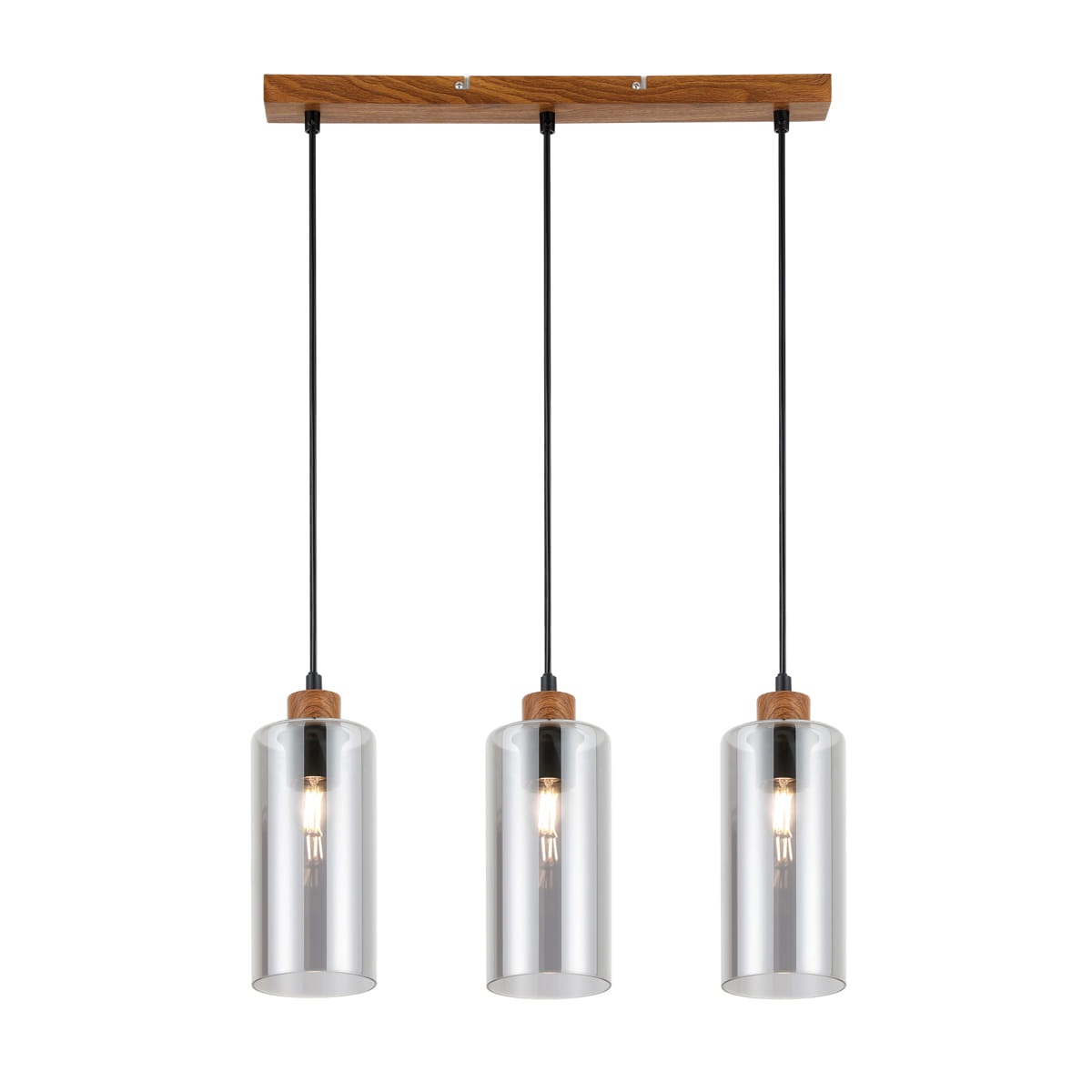 Lampa wisząca Naster 3xE27 z dymionymi szklanymi kloszami, zawieszona na czarnych linkach, z drewnianą podsufitką. Klosze mają prosty, cylindryczny kształt, a widoczne źródła światła podkreślają nowoczesny styl.