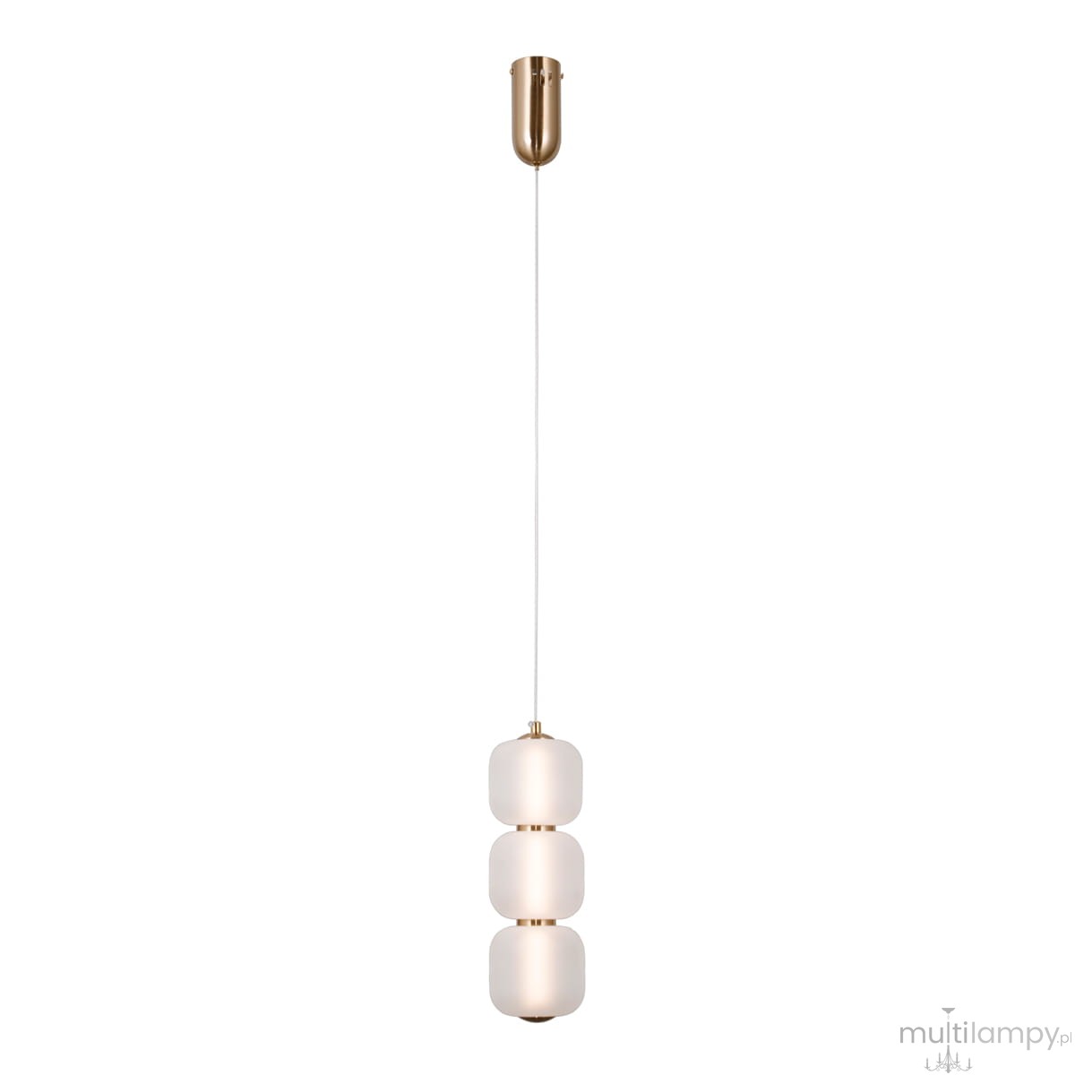 Lampa wisząca Ganti z mosiężnym wykończeniem i białym kloszem, składająca się z trzech okrągłych elementów. Zawieszona na cienkim, białym przewodzie. Idealna do nowoczesnych wnętrz, przekształcająca przestrzeń w elegancki sposób.