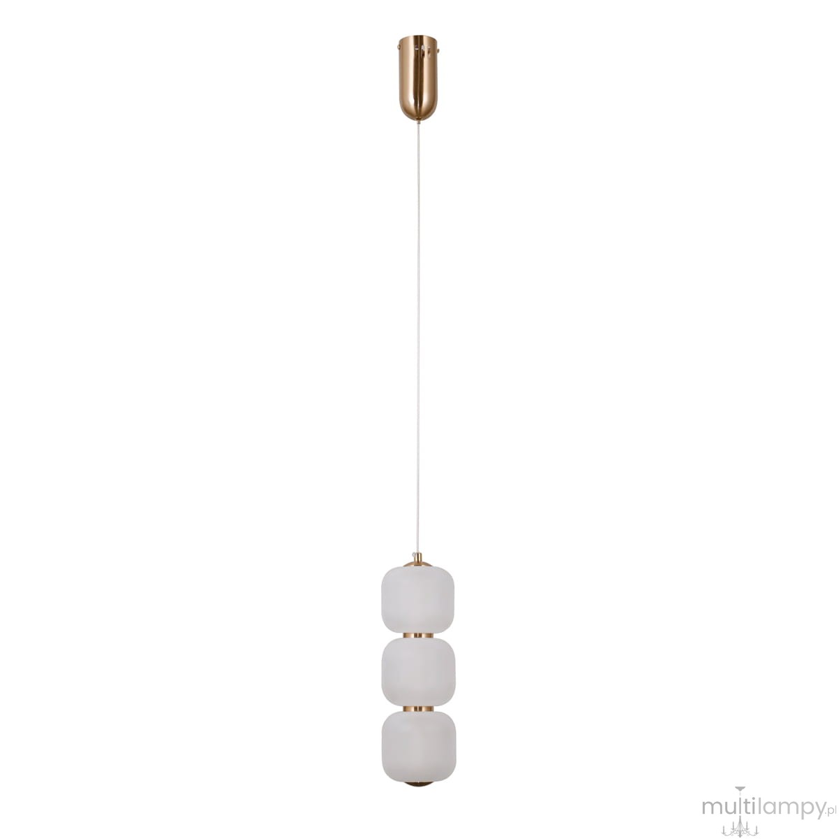 Lampa wisząca Ganti z mosiężnym wykończeniem i białymi szklanymi kloszami, zawieszona na cienkim przewodzie. Składa się z trzech okrągłych elementów, zapewniających nowoczesny design. Montaż sufitowy, idealna do wnętrz.