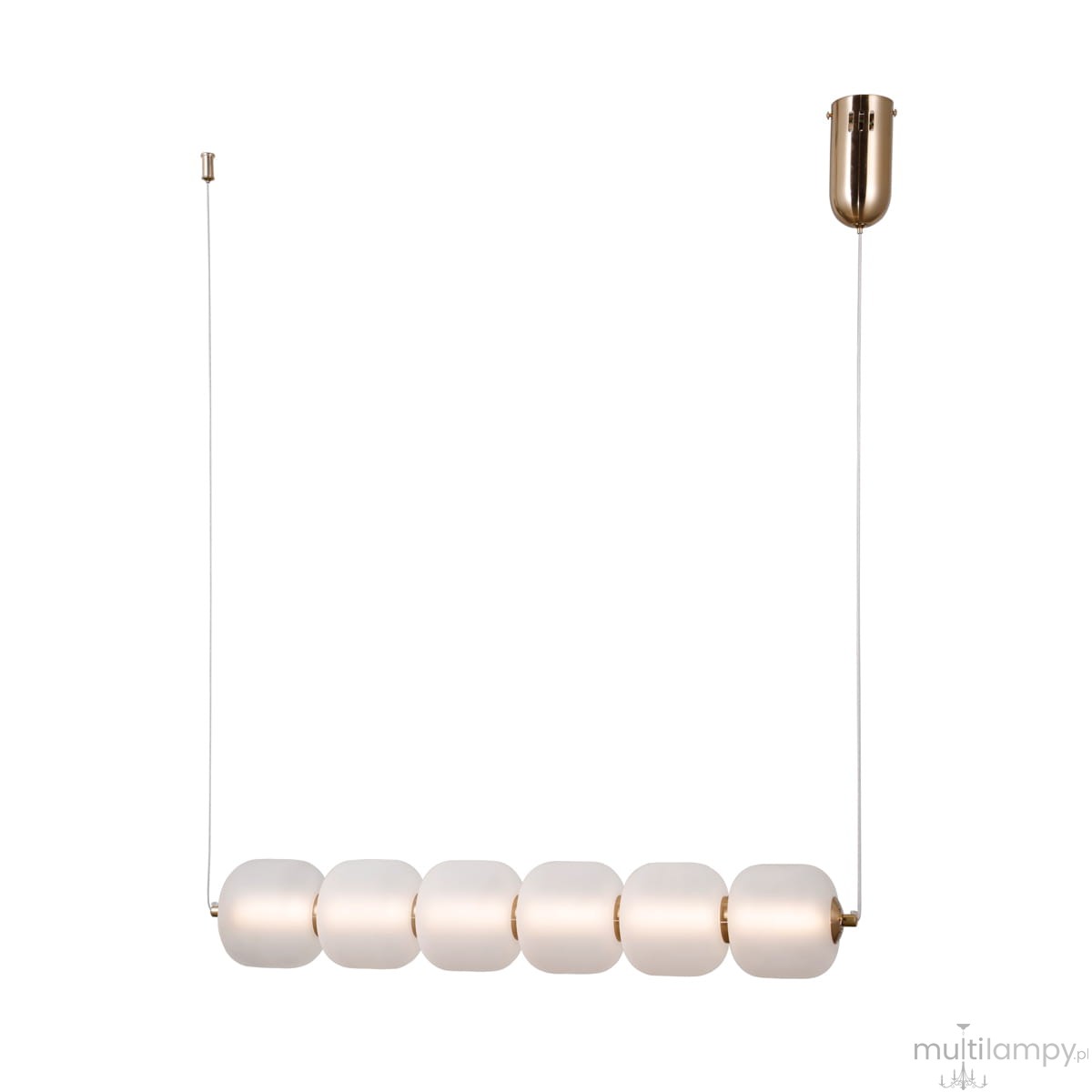 Lampa wisząca Ganti z jednym źródłem LED 15W, w kolorze mosiężnym i białym. W kształcie prostokąta z pięcioma matowymi, okrągłymi kloszami, zawieszona na cienkim białym kablu, z mosiężnym uchwytem montażowym.