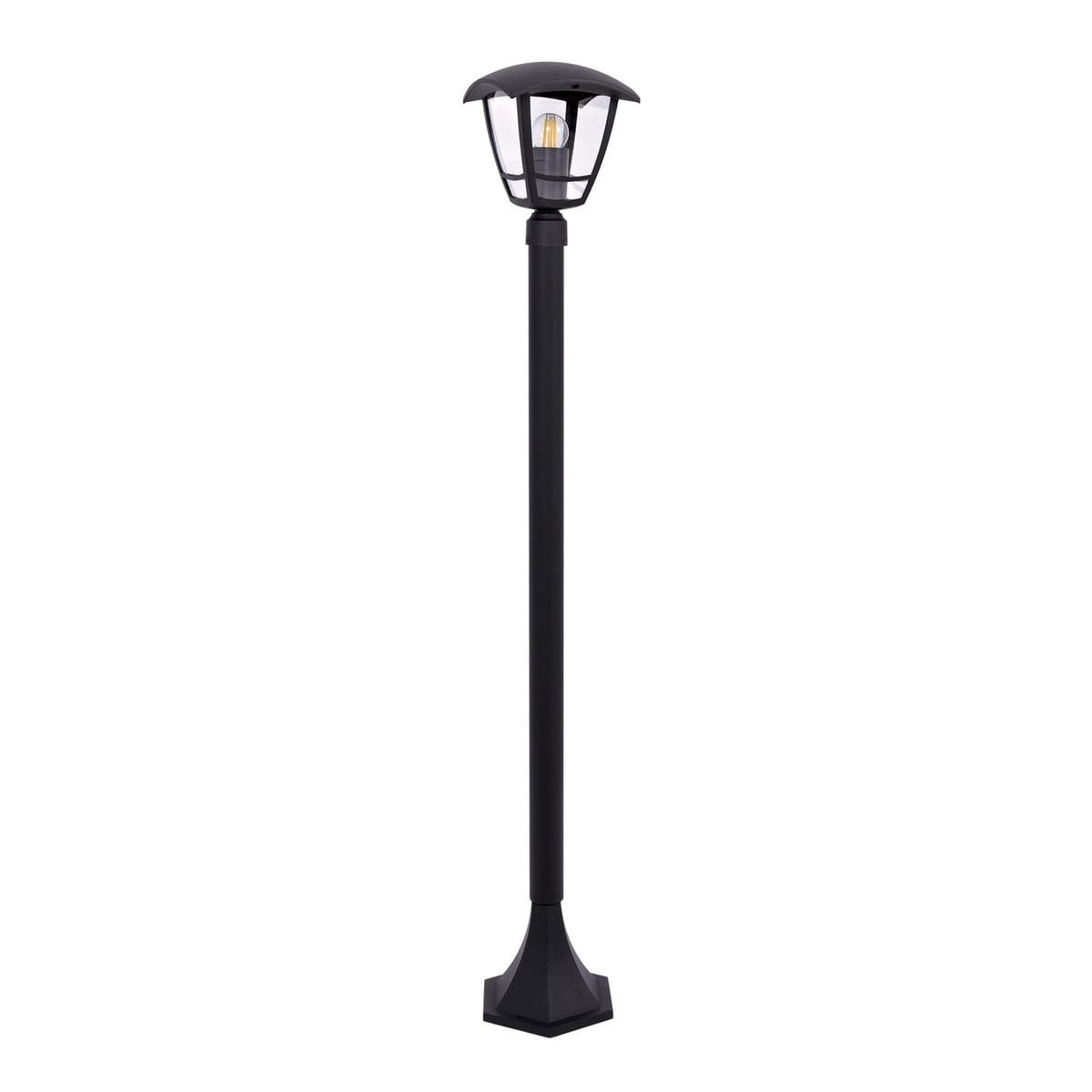 Lampa stojąca ogrodowa Napoli w kolorze czarnym, z oprawą na żarówkę E27. Posiada prostą, wysoką konstrukcję z dekoracyjnym kloszem w formie latarni, zamontowana na stabilnej podstawie w kształcie sześciokąta.
