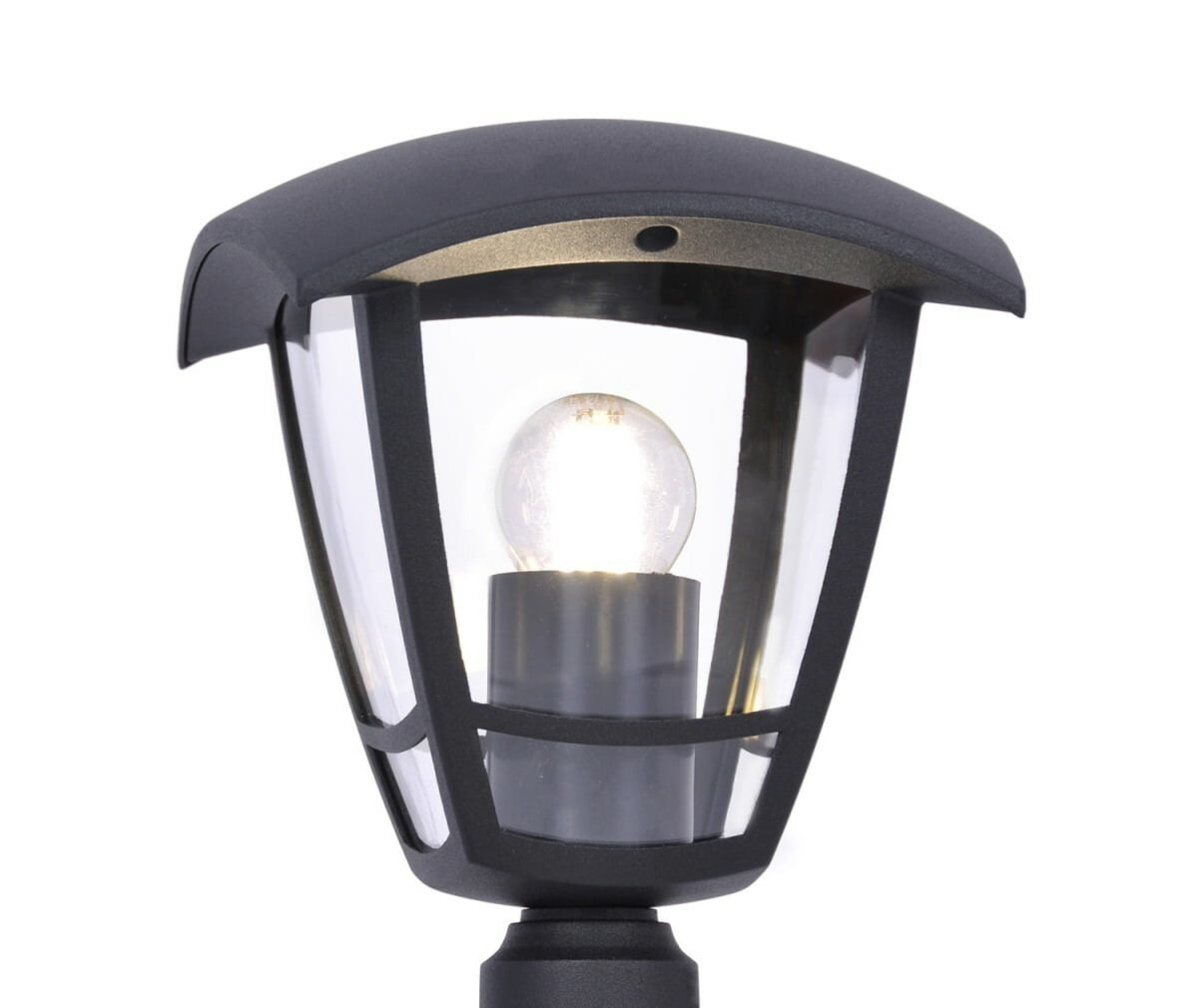 Lampa stojąca ogrodowa Napoli w kolorze czarnym, z kloszem z przezroczystego szkła, zawierająca żarówkę E27. Ujęcie z góry, ukazujące szczegóły designu, w tym metalowy stelaż i osłonę. Idealna do oświetlenia ogrodu lub tarasu.