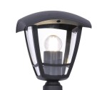 Lampa stojąca ogrodowa Napoli w kolorze czarnym, z kloszem z przezroczystego szkła, zawierająca żarówkę E27. Ujęcie z góry, ukazujące szczegóły designu, w tym metalowy stelaż i osłonę. Idealna do oświetlenia ogrodu lub tarasu.