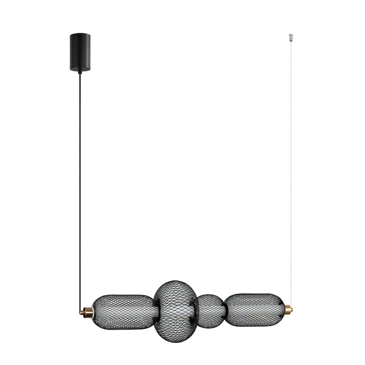 Lampa wisząca Marco w kolorze czarnym i złotym, z jednym źródłem LED 16W. Produkt ma metalową, siatkową konstrukcję w kształcie trzech elementów o różnych rozmiarach, zawieszony na cienkim przewodzie.