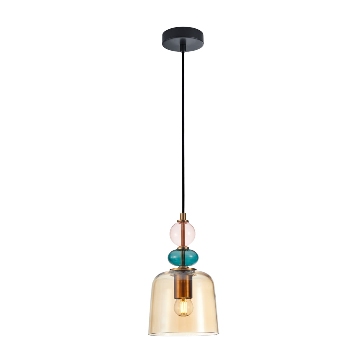 Lampa wisząca Namos z jedną oprawą E27, w kolorze czarnym z bursztynowym kloszem. Klosz ma okrągły kształt, a u góry znajduje się dekoracyjna wstawka w pastelowych kolorach. Zawieszona na czarnym przewodzie, montowana na okrągłej podsufitce.