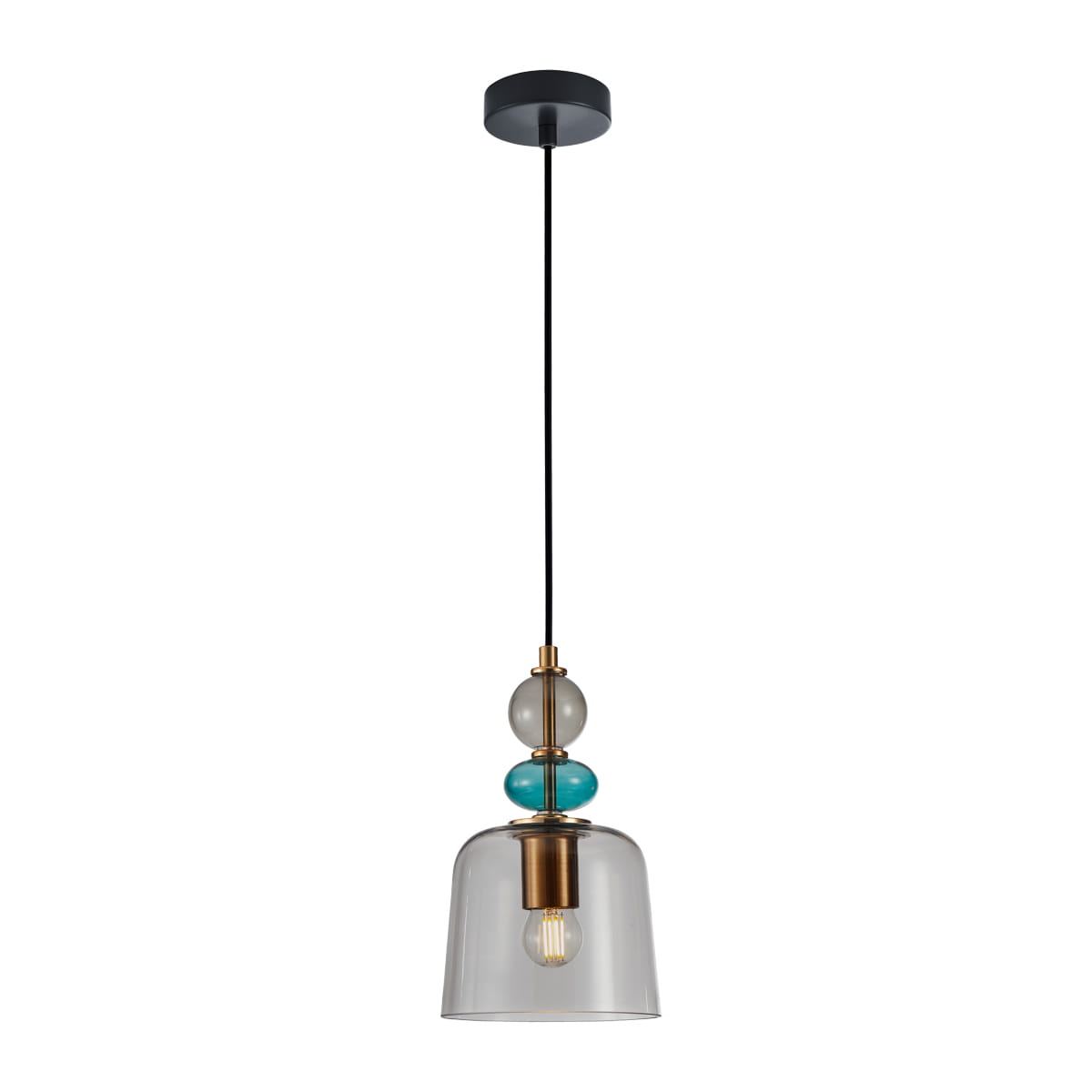 Lampa wisząca Namos z pojedynczym gniazdem E27, w kolorze czarnym, z dymionym kloszem. Elementy dekoracyjne w odcieniach przezroczystego i turkusowego szkła. Zawieszona na czarnym przewodzie, montowana do sufitu.