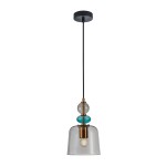 Lampa wisząca Namos z pojedynczym gniazdem E27, w kolorze czarnym, z dymionym kloszem. Elementy dekoracyjne w odcieniach przezroczystego i turkusowego szkła. Zawieszona na czarnym przewodzie, montowana do sufitu.